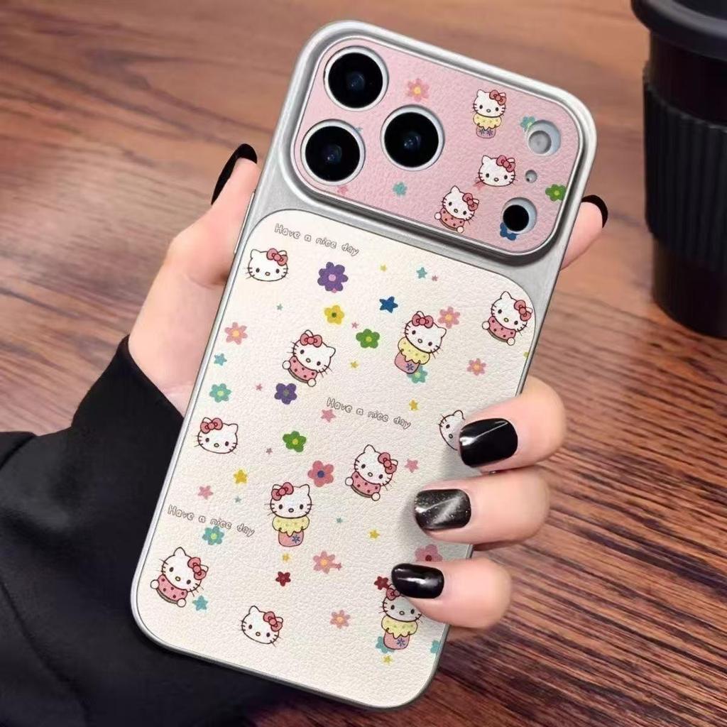 Чехол Hello Kitty Цветочный с полным покрытием для телефона Apple 17 Pro Max с серебристой рамкой и корпусом Corning