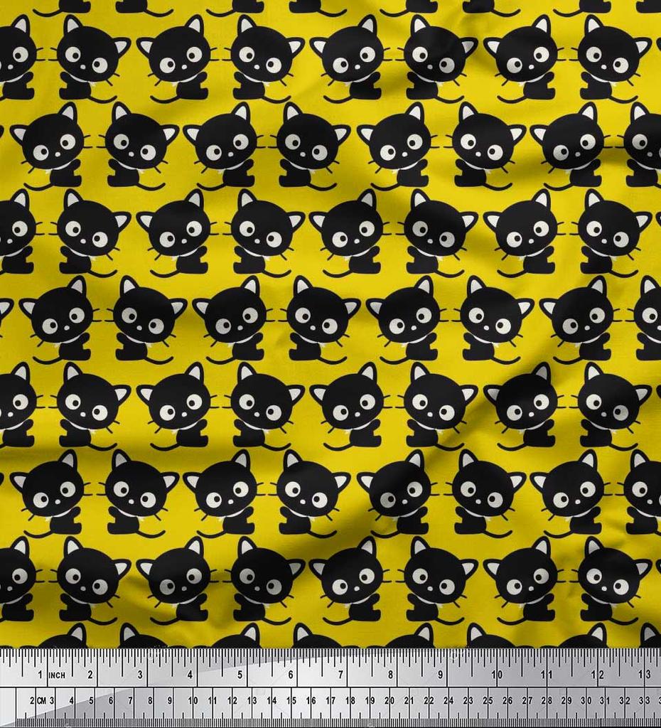 Soimoi Japan Crepe Satin Fabric Cat Cartoon Print Fabric by metre 42 Inch
