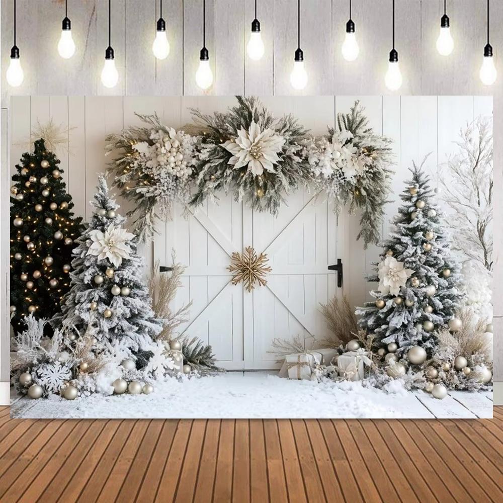 Christmas Beige Arched French Window Photography Background Wreath Xmas Trees Snowy Outside Window Sofa Family Portrait Backdrop11