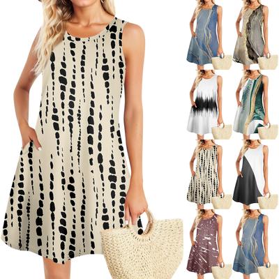 Летние платья для женщин Пляжный Бохо без рукавов Винтажный принт Футболка с карманами Сарафаны-майки