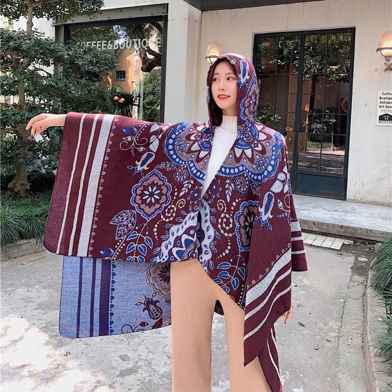 21 Style Big Pendulum Cloak With Hat Arabic Poncho Women Leopard Pocket Shawl Cape Knitted Middle East Split Thick Warm Blanket