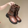 Fashion New Autumn Chunky Single Boots Women's Square Metal Belt Buckle Side Zipper Thick Sole Non-slip Mid-calf Boots Zapatos Mujer