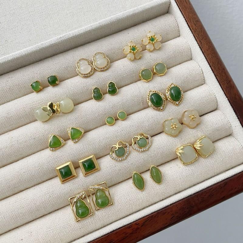 Sterling Geometric Jade Earrings Women Vintage Minimalist Stud Natural Hetian