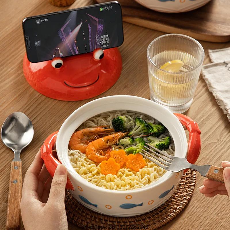 Большая емкость бытовая двуручная суповая миска с крышкой общежитие держатель для мобильного телефона миска для лапши быстрого приготовления