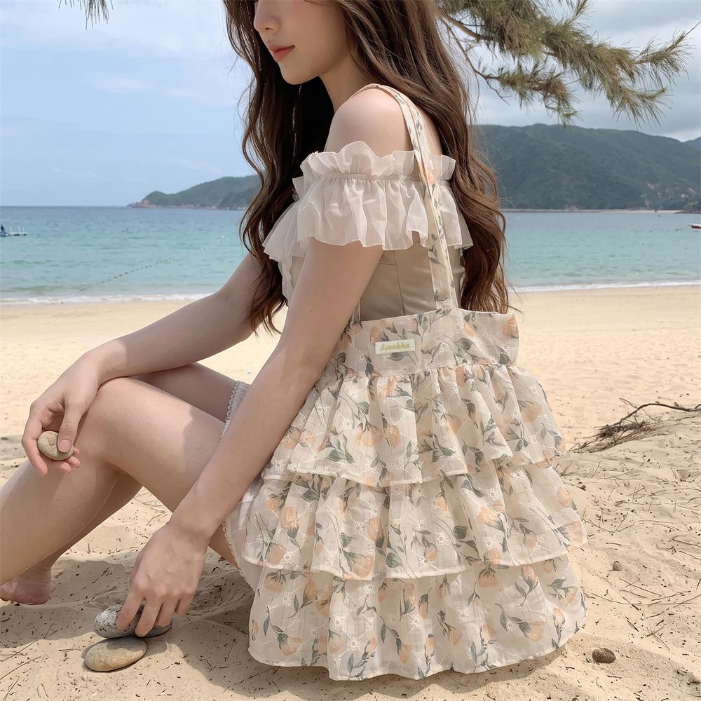 Yellow Tulip Floral Vest Tote Bag Lace Texture Cotton Bag Cake Tiered Skirt Shoulder Bag