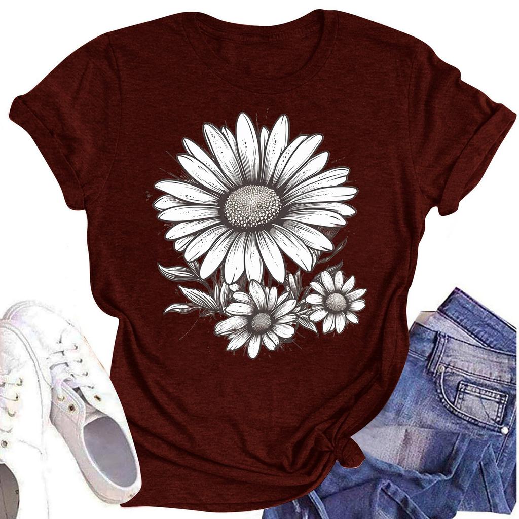 Женская повседневная футболка с круглым вырезом и цветочным принтом, короткий рукав