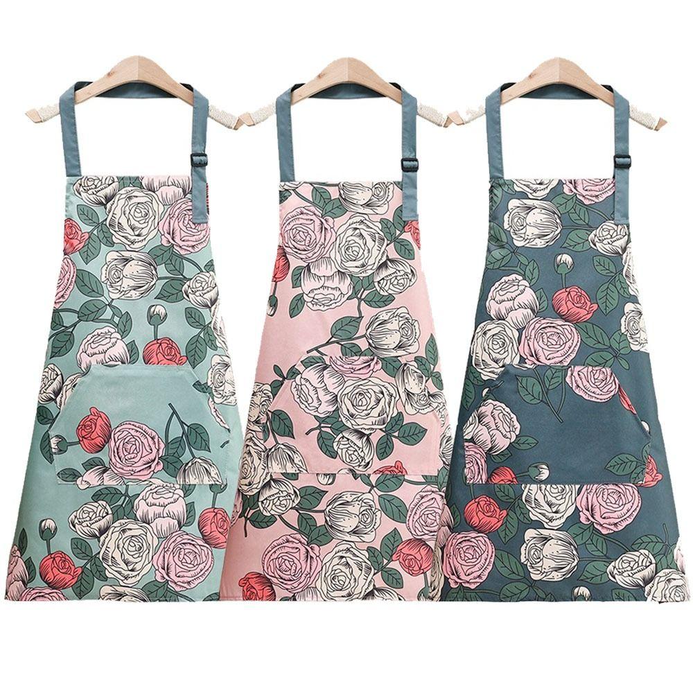 Rose Print Waterproof Apron With Hand Towel Restaurant Uniform Work Apron Household