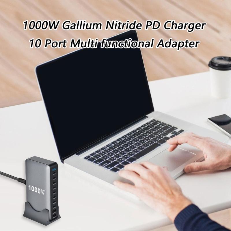 10-портовое USB-C зарядное устройство 1000 Вт, технология нитрида галлия, универсальная совместимость, компактный дизайн для нескольких электронных устройств