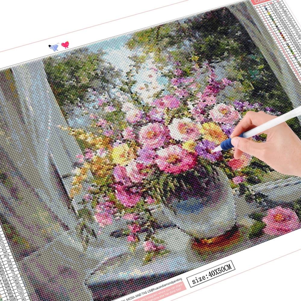 5D DIY Алмазная картина Цветочная мозаика Окно Полный дрель Алмазная вышивка Ремесленный комплект Изображение Горный хрусталь Домашний декор