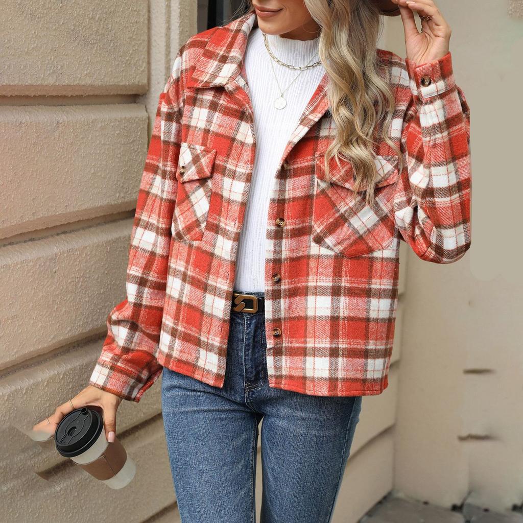 Женское и зимнее новое шерстяное пальто с длинным рукавом и карманами в клетку