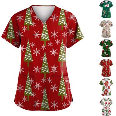Большие размеры Рождественский принт Рабочая униформа Топы для женщин V-образный вырез Короткие рукава Футболки рабочая одежда Футболка с карманами