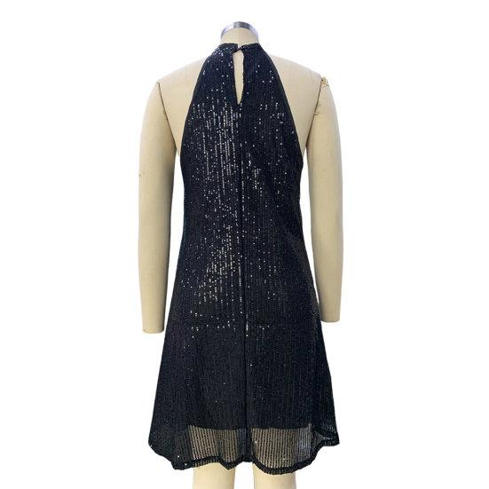 Женское платье с блестящими блестками с открытыми плечами без рукавов с перекрестной лямкой на шее, свободное трапециевидное платье со свободным подолом, однотонное мини-платье для выпускного вечера, вечернее платье