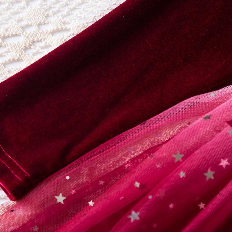 Осень-зима Новое платье для девочек с длинным рукавом из бархата, лоскутное платье со звездами и градиентной сеткой, платье принцессы, рождественские красные вечерние платья