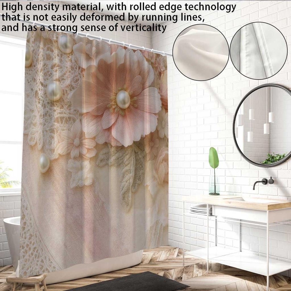 1PC Pearl Floral Pattern Printed Shower Curtain, Rural Life Style, with 12 Hooks, Bathroom Showers, Bathtub, Home Use