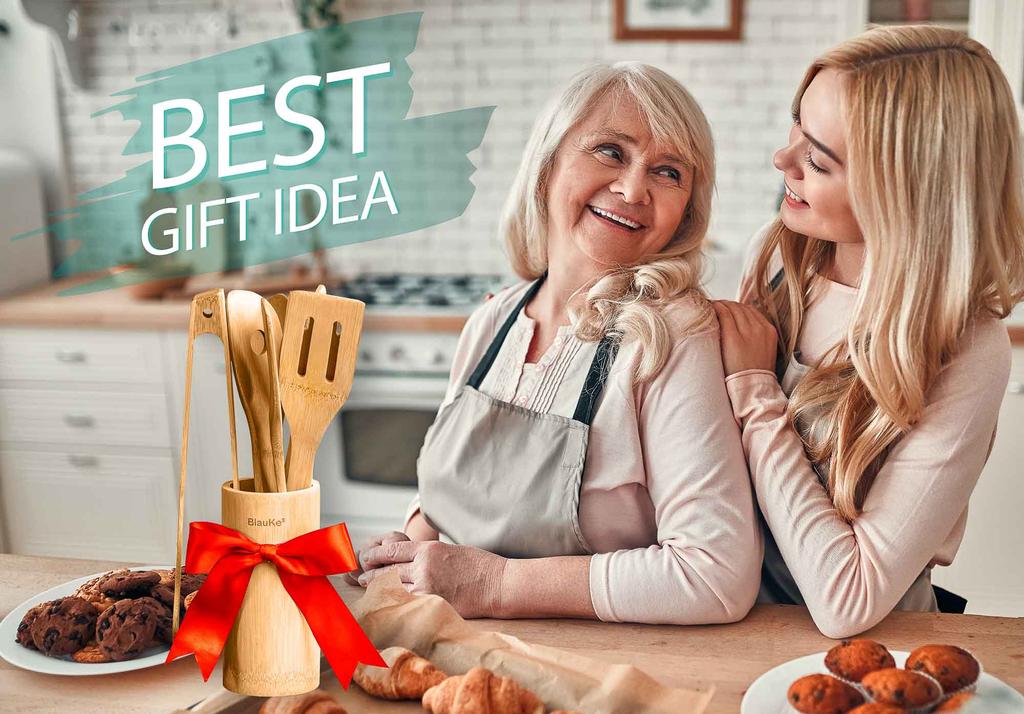 BlauKe® Набор деревянной кухонной утвари из 8 предметов – Бамбуковая кухонная утварь с антипригарным покрытием – Деревянные лопатки для приготовления пищи, Деревянные ложки, Щипцы