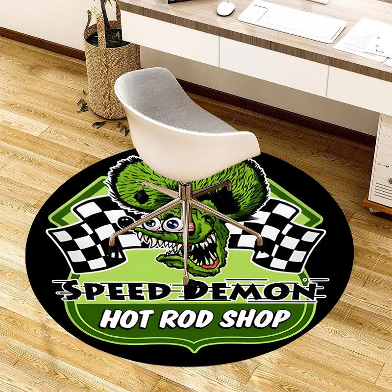 1 шт. Круглый ковер с логотипом Speed Demon Hot Rod Shop, Изготовлен из полиэстера, Идеально подходит для украшения офисных кресел, гостиных