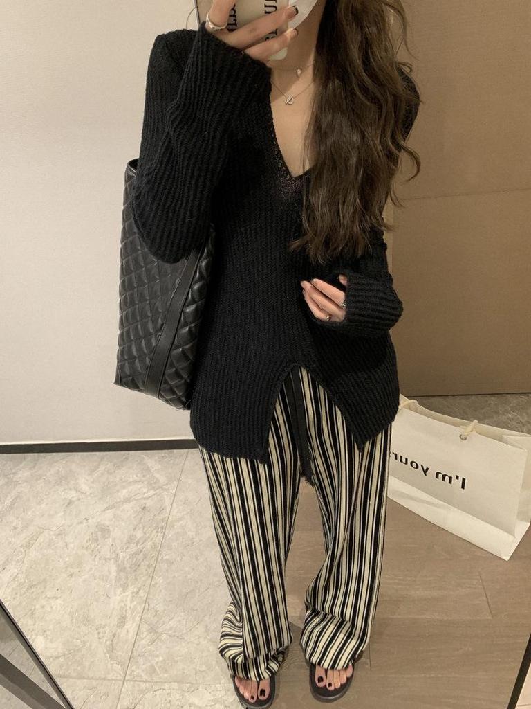 Женские брюки больших размеров в вертикальную полоску, с высокой талией, стройнящие, повседневные, длиной до пола, летние