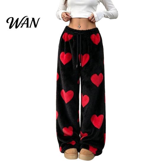 Comfy Autumn Pajama Bottoms Women Fuzzy Sleeping Pants, Heart Print Wide Leg with Elastic Lounge Trousers Waist Drawstring, Thickened Warm Pants