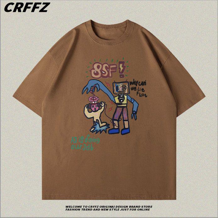 Корейский женский свободный летний топ с короткими рукавами Dongdaemun Cartoon Graffiti Robot