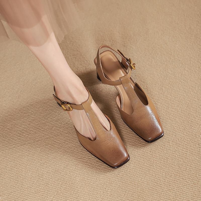 2024 Новые босоножки из натуральной кожи на квадратном каблуке, летняя модная женская обувь, туфли-лодочки на платформе с Т-образным ремешком и пряжкой, квадратный носок