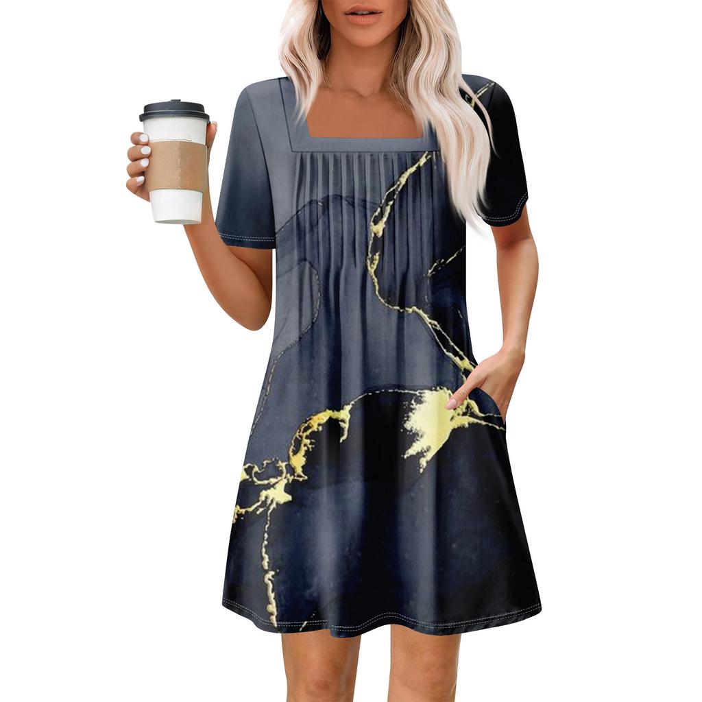 Женские летние повседневные платья с квадратным вырезом, плиссировкой спереди и карманом, с короткими рукавами и принтом