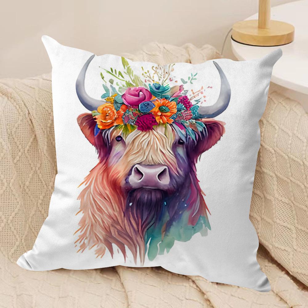 Highland cow and flower Cushion Cover Soft Plush Fabric DoubleSided Printed Cushion Covers for All Seasons Home Decor
