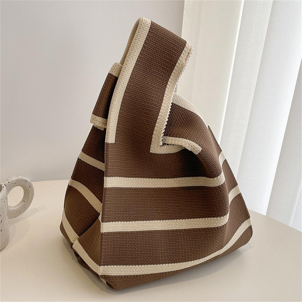 FASHION Women'S Knot Wrist Bag Handmade Knitted Bag Portable Mini Striped Tote Bucket Phone Bags Large Capacity Autumn Winter Handbags