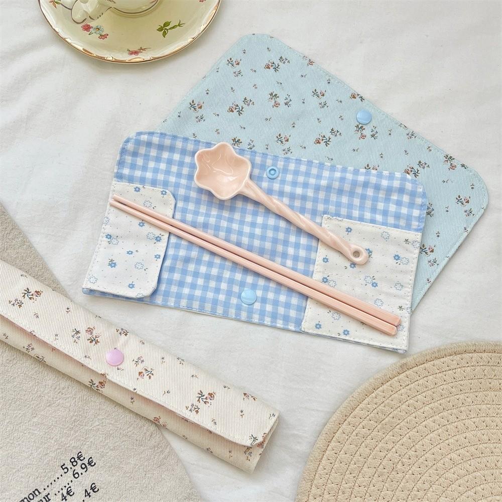 Floral Plaid Spliced Tableware Storage Bag Utensil Pouch Chopsticks Spoon Storage