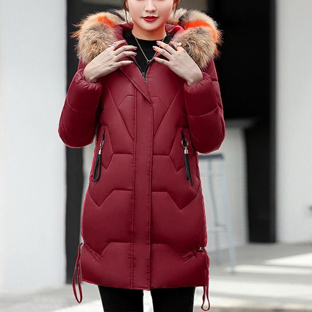 Женская мода с большим воротником для волос, тонкой талией, длинной пуховой хлопковой курткой, хлопковым пальто
