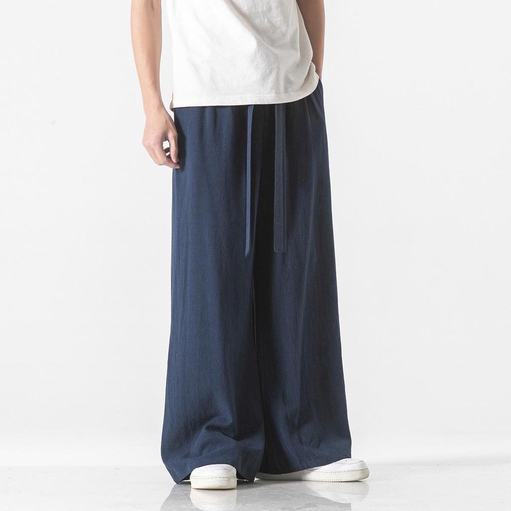 Мужские брюки из хлопка и льна в китайском стиле с широкими штанинами 2022