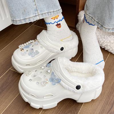 Зимние бархатные женские сабо на открытом воздухе, теплые, плюшевые, на платформе, дизайнерские туфли, женские, модные, белые, увеличивающие рост, женские домашние тапочки