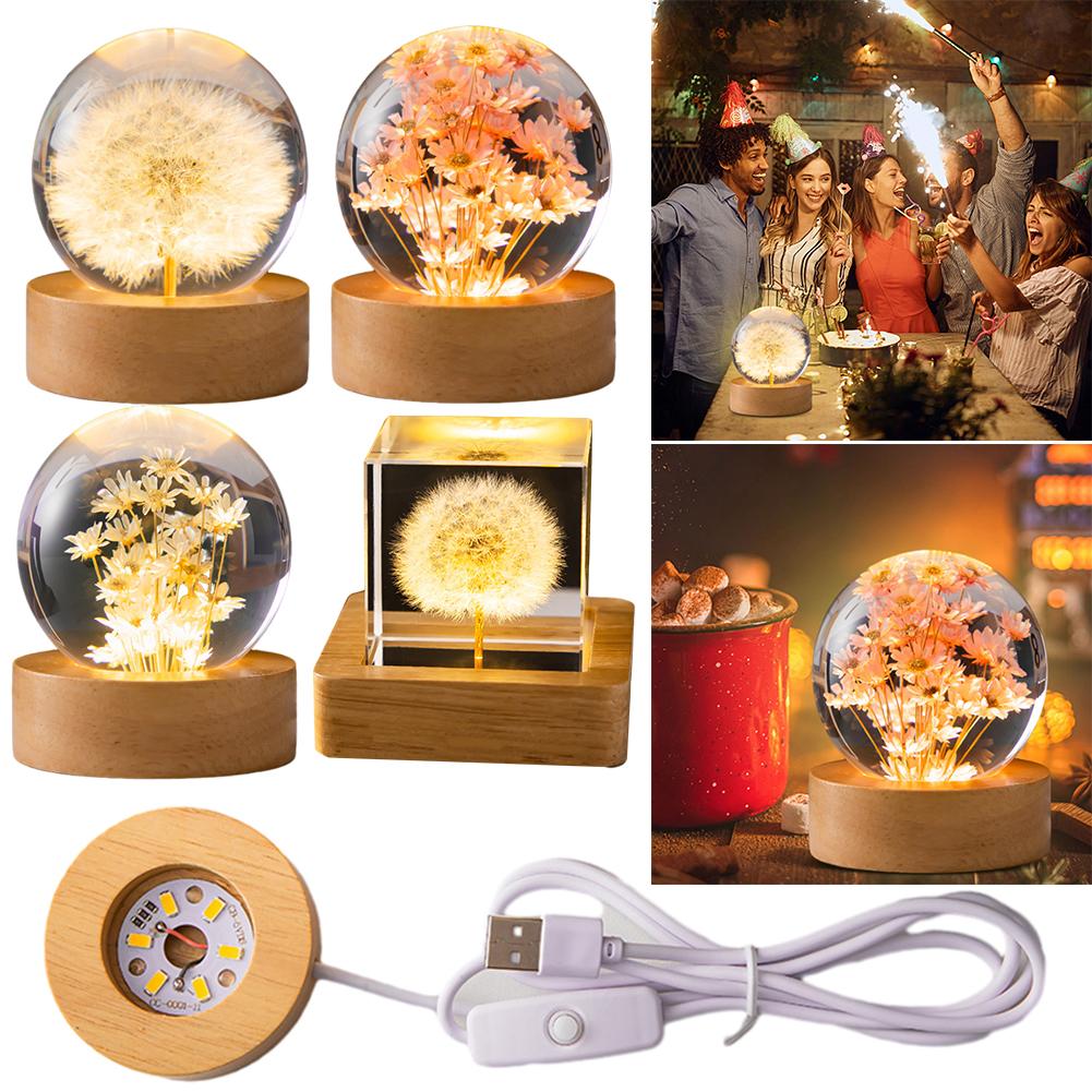 Цветочная настольная лампа с деревянным основанием, милый ночник, вечные цветы, свет с хрустальным шаром, подарки для мужчин, женщин, детей, мальчиков, девочек