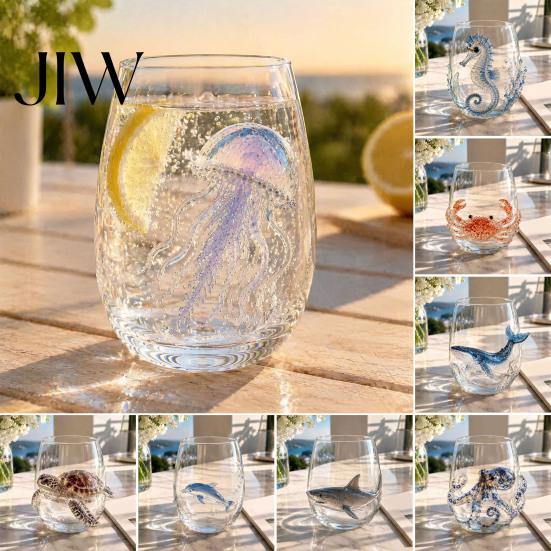 Unique Gifts for Marine Enthusiasts Octopus Glass Tumbler, Ocean Whales Seahorses Crabs Jellyfish Cocktail Cup Home Deep Sea Style Kitchen Decor Bar,