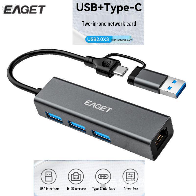 Сетевой адаптер Yijie USB и Type-C на RJ45 с 3-портовым концентратором, 100 Мбит/с, без драйверов
