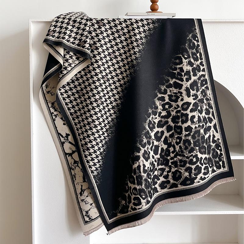 Thousand Bird Grid Stitching Leopard Print Commuting Fashion Elegant Beautiful Imitation Cashmere Thermal Scarf Shawl Cape Women