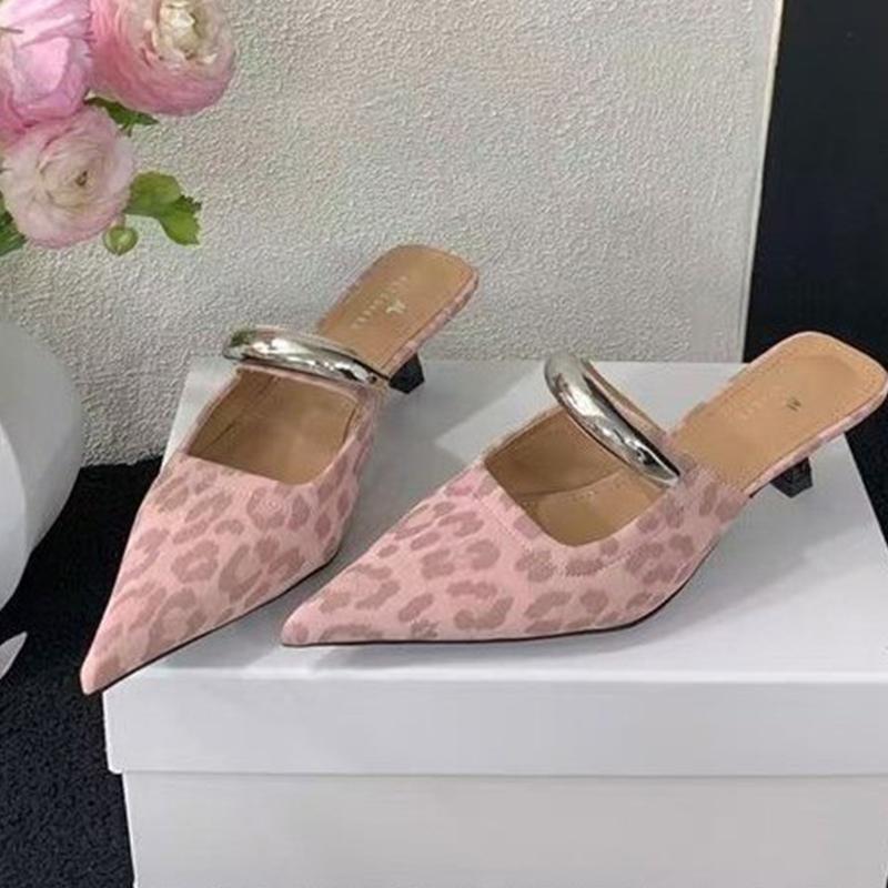 Leopard Women Pointed Toe Slippers Elegant Heeled Shoes Casual Slingback Pumps Woman Cozy Sandals 2025 Summer Lady Shoes