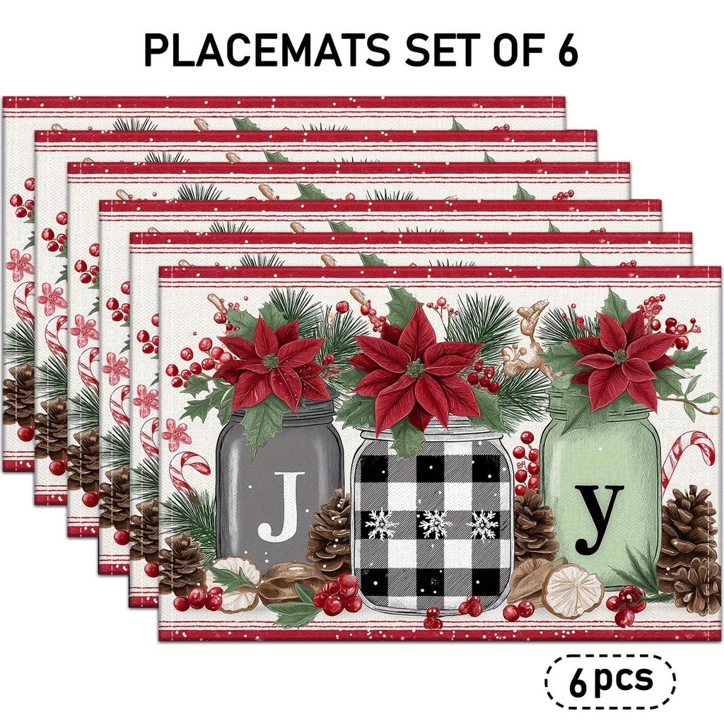 4/6pcs Christmas Placemats, Winter Elements with Poinsettia Branches, Pine Needles, Pine Cones, and Snowflakes Linen Table Mats, Suitable for Holiday