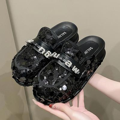 Модные женские тапочки Baotou 2024 года, весна и лето, новые блестки, стразы, толстая подошва, модные туфли Mueller Hundred Match Lazy Shoes