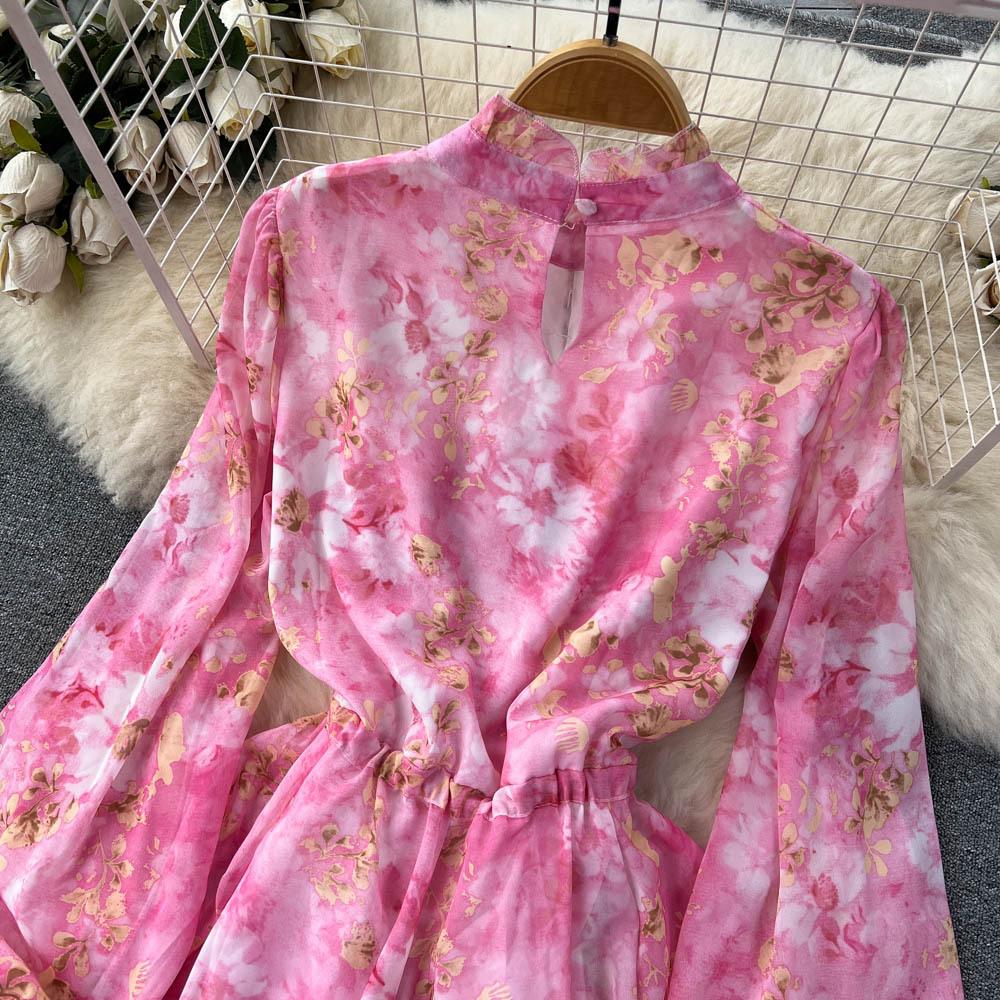 Весеннее женское летнее бандажное платье в стиле ретро с цветочным принтом, элегантное шифоновое платье трапециевидной формы с рукавами-фонариками и шнуровкой, с высокой талией, длинные платья