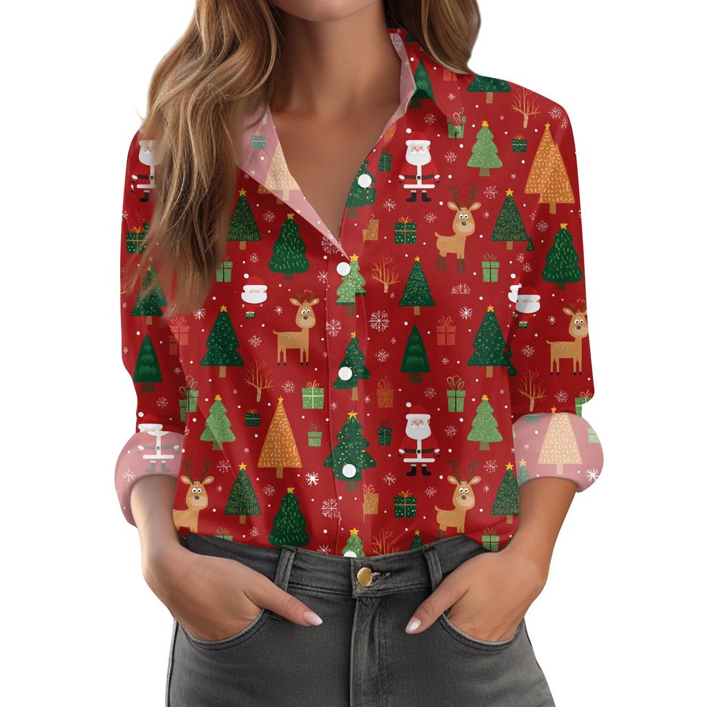 Women's Christmas Print Casual Half-Open Collar Long Sleeve Shirt