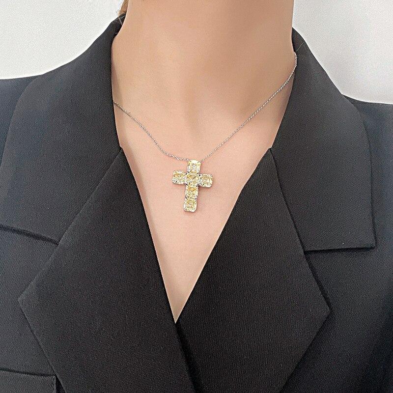 100% стерлингового серебра 925 пробы 7*7 мм желтый крест высокоуглеродистый бриллиант кулон ожерелье для женщин сверкающие вечерние ювелирные украшения