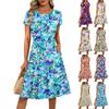 Women's Casual Fashion Round Neck Pleated Short Sleeve Floral Print A-Line Midi Dress