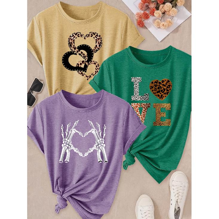 Spring and Summer Hot Sale Women's Clothing 3 Pack of round-neck short-sleeve shirts T Shirt Leopard print heart / Skull hand heart print Cool and