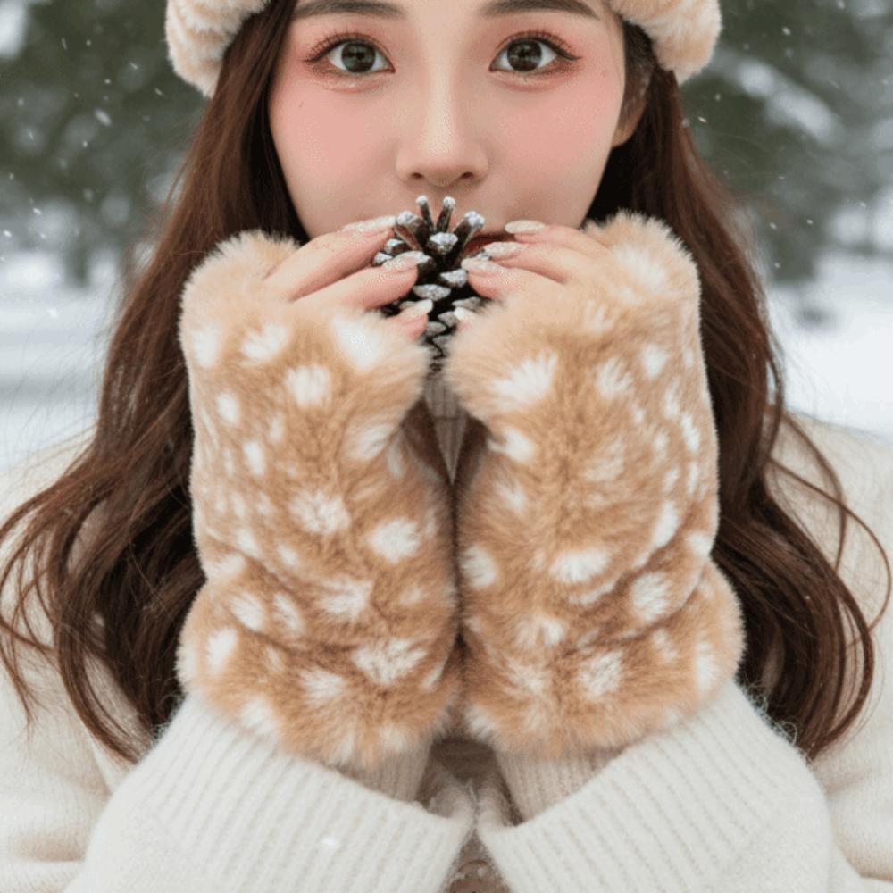 Thickened Half Finger Mittens Fleece Lined Plush Wrist Sleeve Fingerless Furry Gloves Ladies