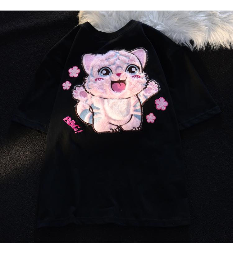 Guochao Оверсайз Футболка с флокированным милым тигром – Унисекс, с коротким рукавом, нишевый дизайн, парные наряды