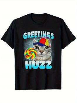 Greetings Huzz Fun Cat Meme T-Shirt Soft Breathable Crew Neck Tee with Rainbow Lollipop & Party Hat Design Women Clothing