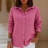 Женская мода однотонный воротник длинный рукав пуговица повседневная рубашка топ