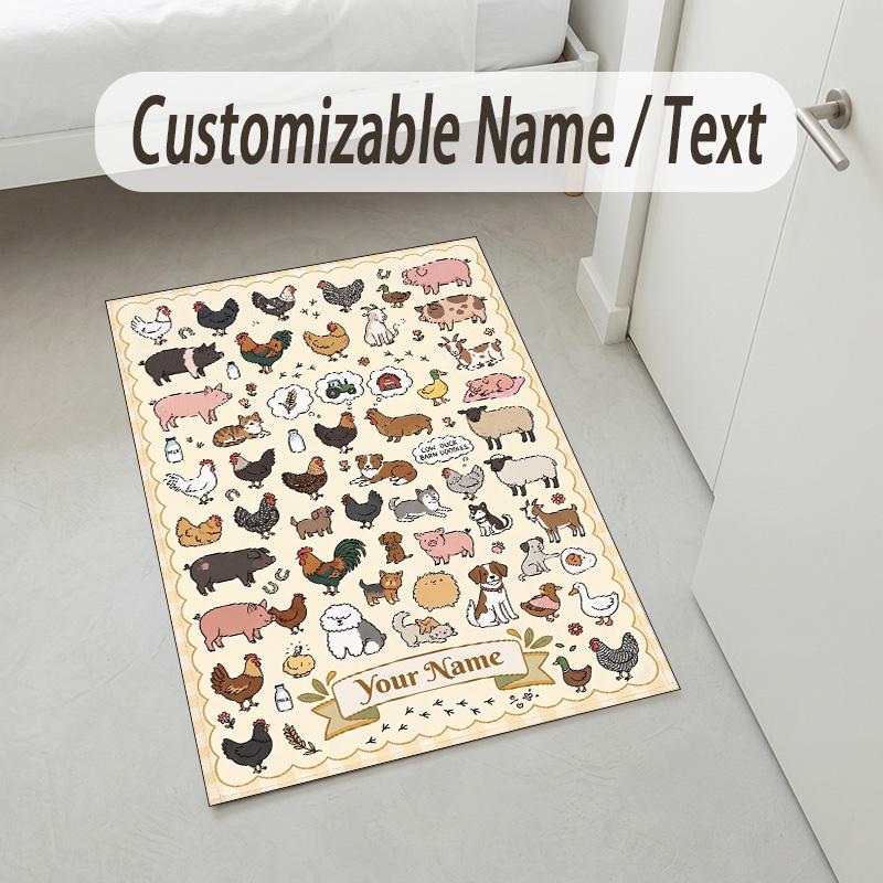 Farm Animal Theme Soft Crystal Velvet Rug Custom Name & Text Print Non Slip Floor Rug for Bedroom Living Room