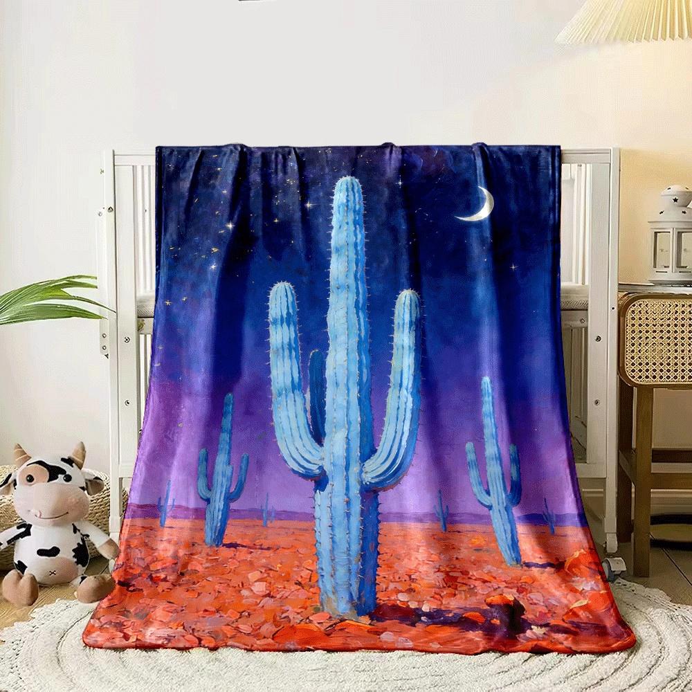 Tall blue cacti in a desert under a starry sky with a crescent moon. for all seasons blanket lunch break throw gift