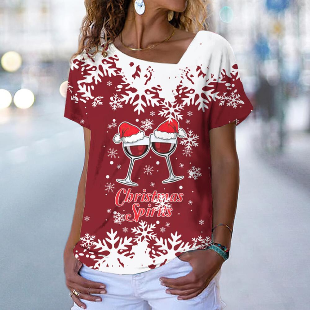 Новая рождественская женская футболка, модная футболка с красным бокалом для вина и 3d принтом, футболки с v-образным вырезом, летняя повседневная винтажная футболка, праздничная женская одежда